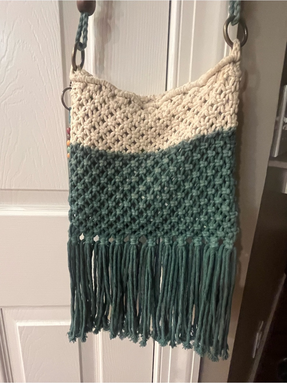The Sak Macramé Fringe Shoulder Bag in Teal and Cream - Picture 2 of 5